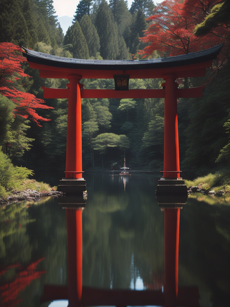 Red torii gate in middle of a lake, Dense forest on the edge of the lake, Bright and saturated colors, Japanese culture, photorealistic, contrast light