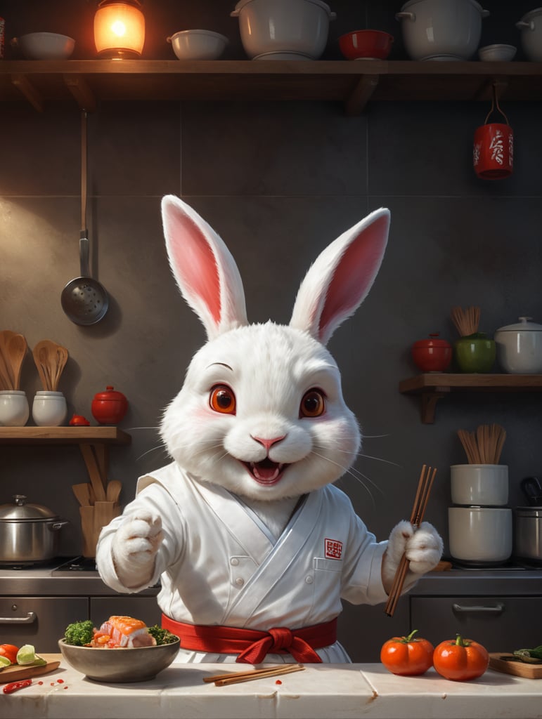 happy face, White cute rabbit stylized as a sushiman in a white clothes at the kitchen, asian brown eyes, red karate belt, illustration cooking theme, red small details