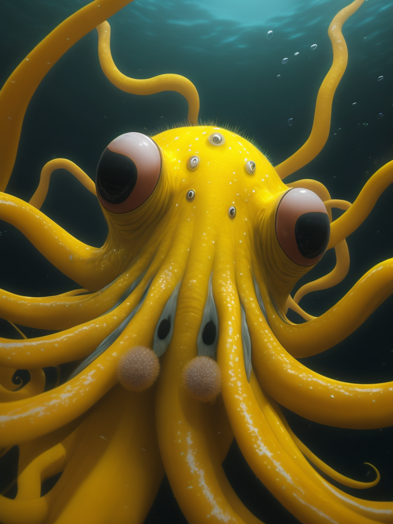 yellow octopus smiling under water