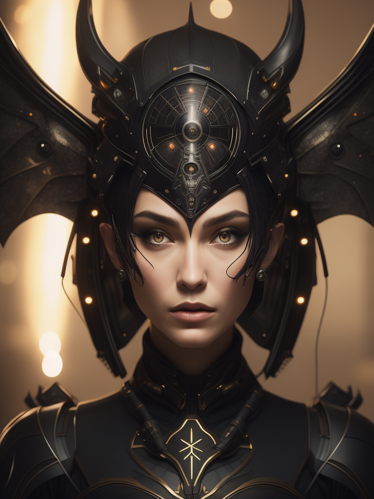 futuristic world, transparent electric robot girl with visible wires and electronics on her head, fine facial features model in georgian round black dress by roberto ferri, by jeremy lipking, realism, insect eyes, bat wings on the nape, black gothic clothing, black abstract geometric ornaments, gothic palette, 8k, medium shot, cinematic photography, abundant detail, muted tones, regency-era, empire silhouette, intersection of technology and art