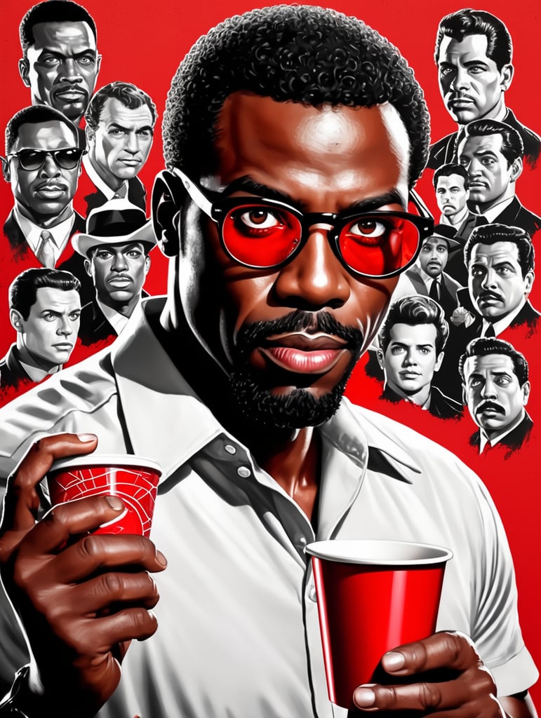 Miami black man holding a red cup eye-catching poster-style drawing and illustration representing the iconic pulp style.