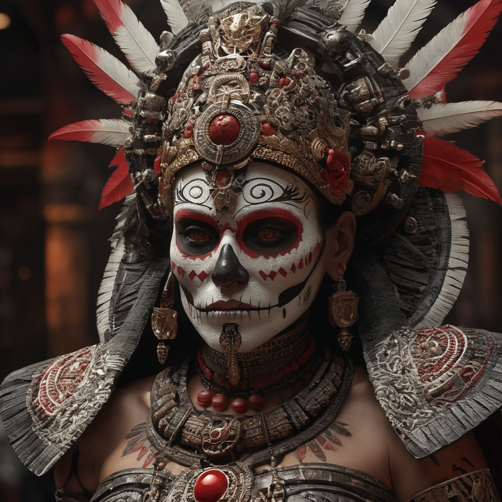 Itzpapalotl, aztec deity, woman with a skull face, black, red and white