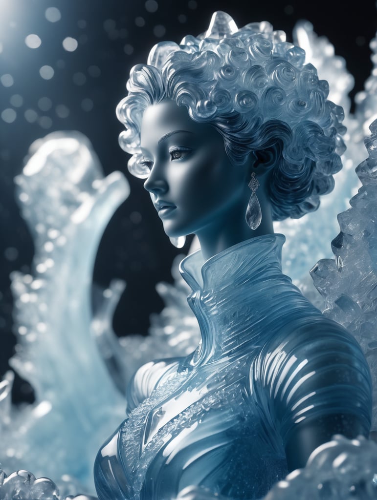 Highly detailed shot of an blueish ice sculpture in the shape of a curly women, full-body shot, dramatic shattering ice background, full motion effects, diagonal view, ice crystal particles everywhere, back light, ultra sharp focus, high speed shot, subtle color, Bioluminescence, high quality