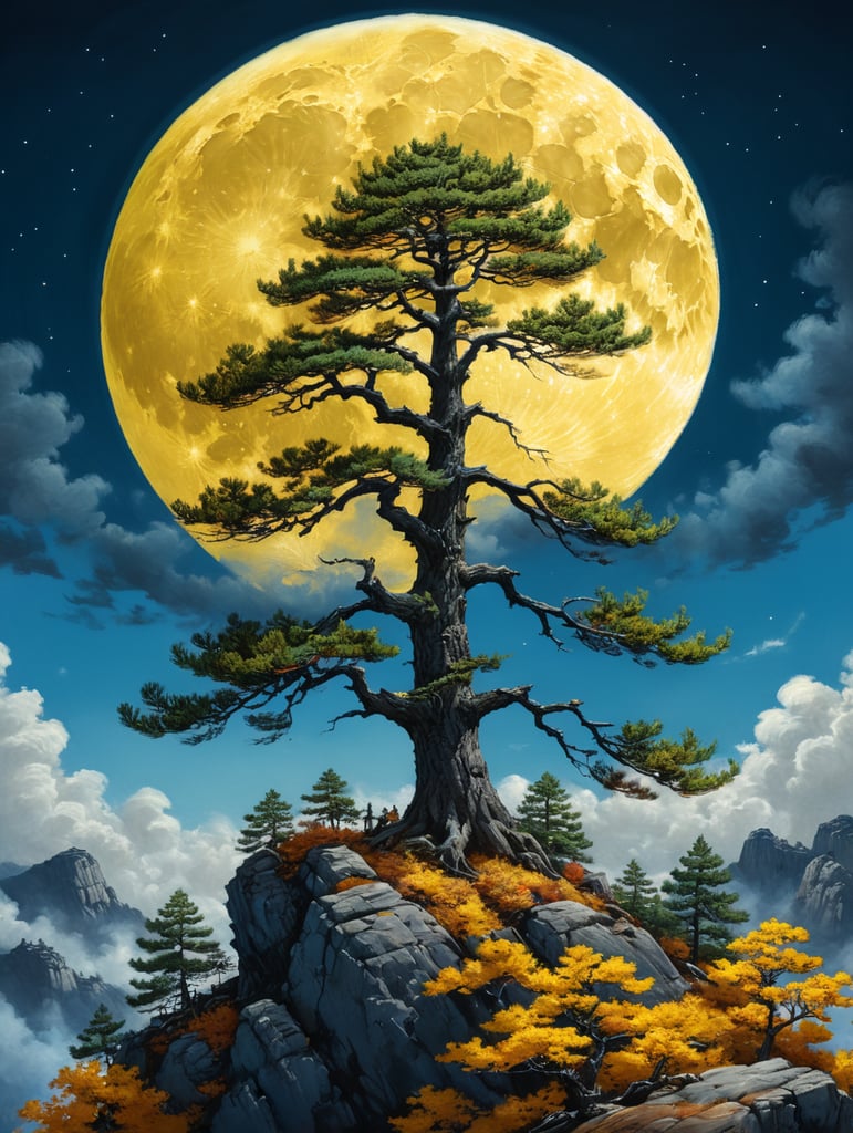осенняя луна сосну рисует тушью на синих небесах. хокку, японский пейзаж, ночь, желтая идеально круглая луна, утес