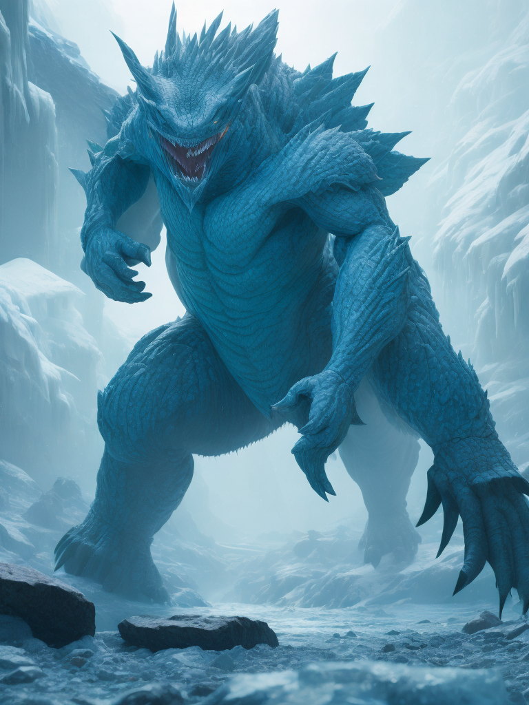 Shimu: The very first kaiju and origin of all other kaiju. He has sharp space ice crystals protruding from his back which has the ability to freeze the earth he has sharp teeth and his body is equipped with a tail with 4 sharp ice crystal spikes pLaced at the end to use as a weapon. Shimu is a giant monster, a kaiju. A foe to Godzilla and all other titans.