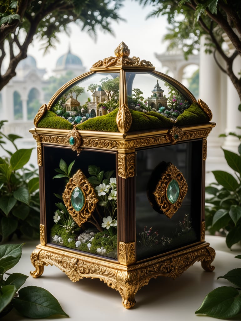 "A luxurious and elegant jewelry box placed on a white background. When opened, the inside reveals a miniature magical garden with a few lush green trees and a beautiful, ornate building nestled among them, as if the box contains an entire hidden world."