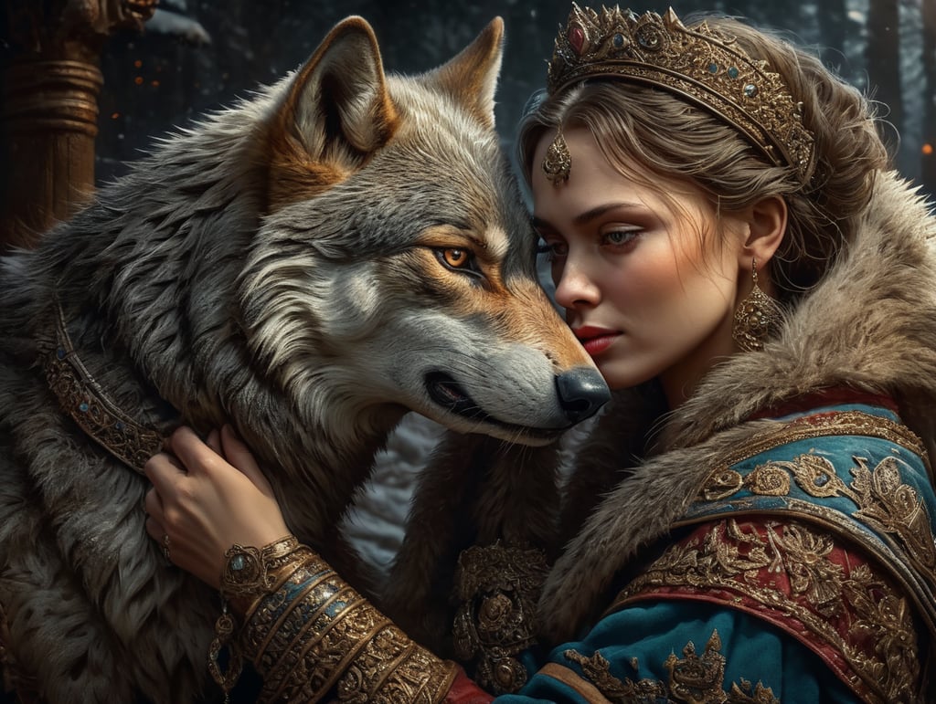Russian fairytale woman embraces wolf