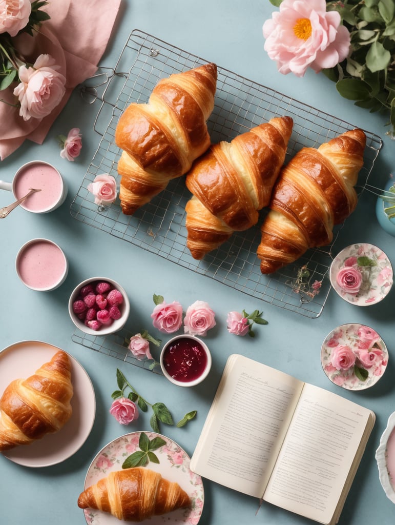 Cookbook photo, top - view, wire cooling rack, croissants, with a floral, allow, banner, pink and pastel blue, farmcore