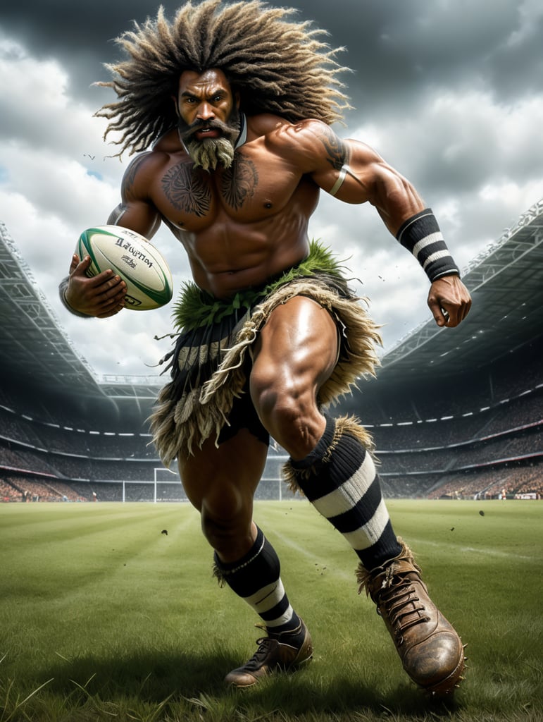 A Fijian warrior with long frizzy hair dressed in grass skirts wearing rugby boots with long white and black stripe socks,running with a rugby ball in his hand, scoring a try🏉