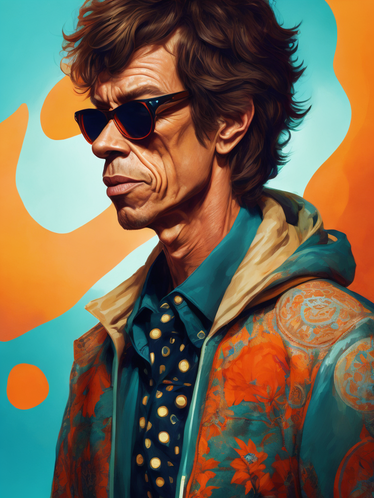 Mick Jagger wearing a brightly patterned jacket and wayfarer glasses, Vivid saturated colors, Contrast color