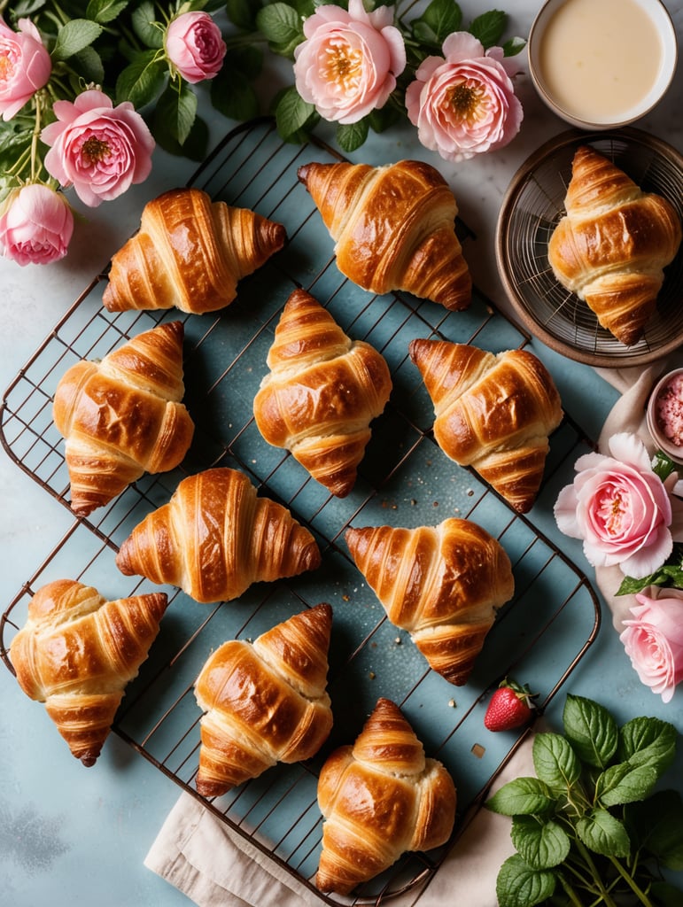 Cookbook photo, top - view, wire cooling rack, croissants, with a floral, allow, banner, pink and pastel blue, farmcore