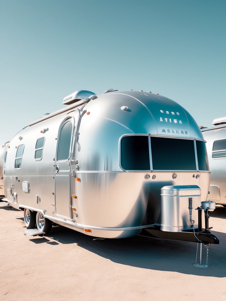 Futuristic alien Airstream camping trailers, steampunk and neon, cyber technology