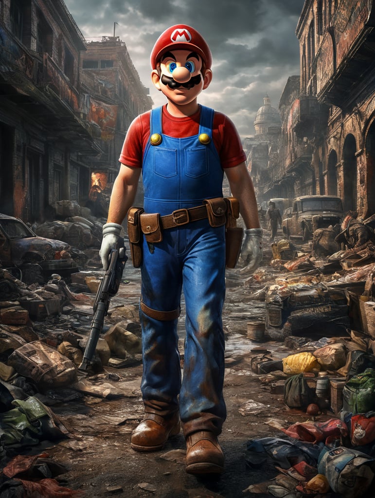 Create for me a hyperrealistic photo of Mario from Super Mario the Movie, within the post-apocalyptic setting of Resident evil and The Last Of Us