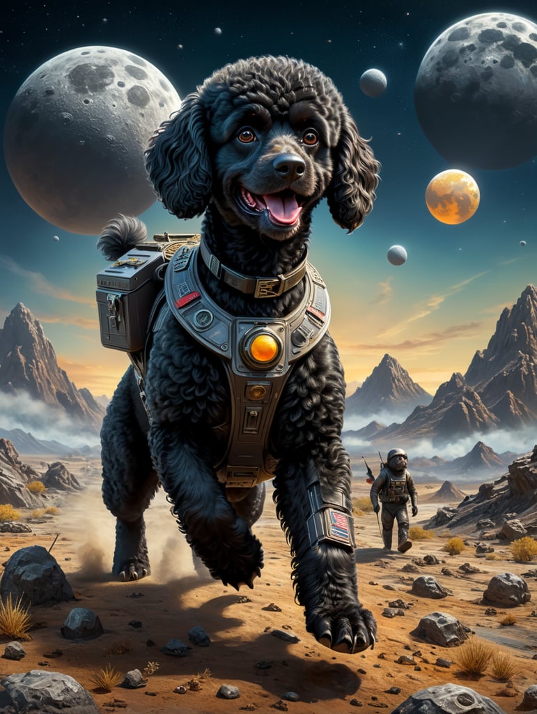 Poodle nero atterra sulla luna da astronave spaziale e va a caccia di anatre cartone animato 3D