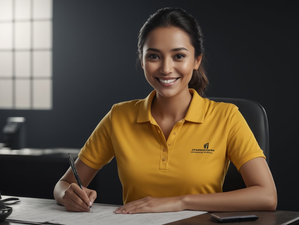 happy worker behind desk, using plain yellow polo tshirt, with a pen on her hands smiling, no background