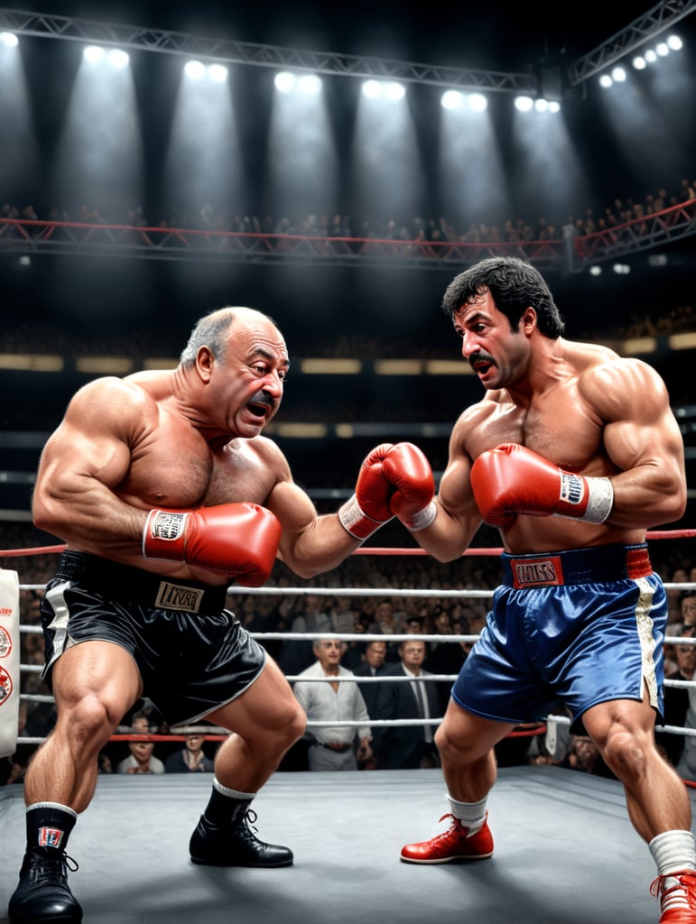 Burt Young and Rocky Balboa hitting a sack in a boxing ring as A cartoon character, such as Bugs Bunny