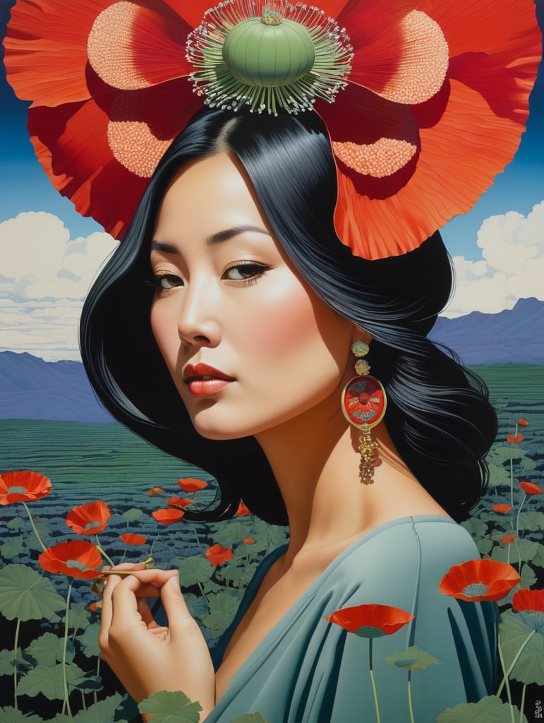 Hiroshi Nagai, ultrafine detailed painting of a woman with a n opium poppy flower in her hair, whimsical, detailed painting