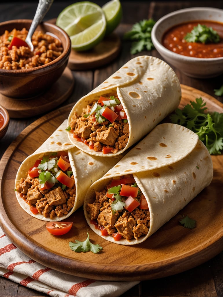 two tacos of (((Ground chicken with sauce))), the recipe is made in a country house, with a view of the mountains of puerto rico, the wraps include ground chicken, diced tomatoes, lettuce cut into strips, on a wooden plate, the table that is made of dark wood, the table is served, in the background you can see people, small jars with red sauces, sharing, taken with a close up lens, 50mm, nikon 35mm (((Ground chicken with sauce)))