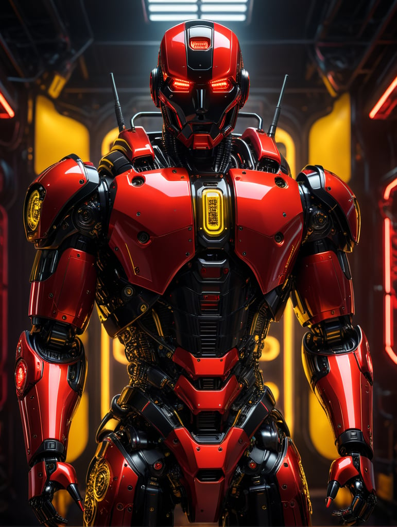 a red and black robot with neon lights, in the style of light black and yellow, octane render, polished craftsmanship, aquirax uno, precise craftsmanship