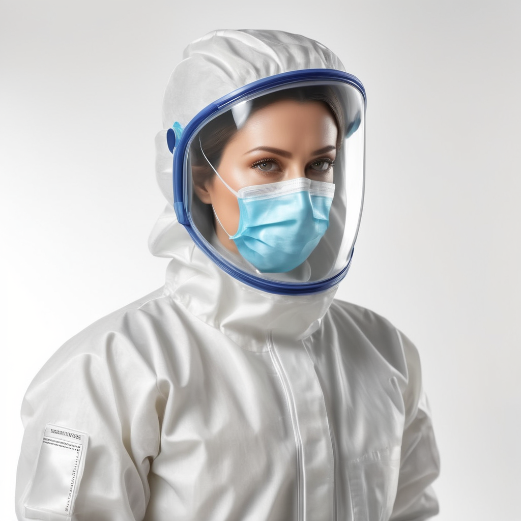 A realistic photo of a women wearing medical protective suit, disposable coveralls with breathable fabric, isolated, white background