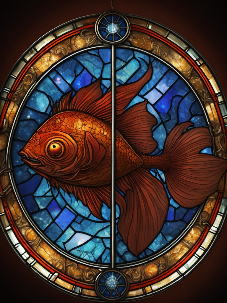 stained glass effect, zodiac sign, Pisces, beautiful, mystical, reddish background, celestial style