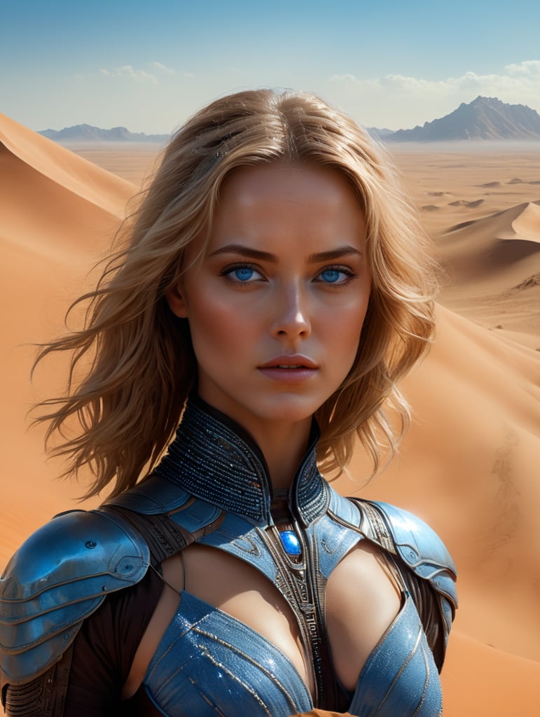 Realistic image. Style of Denis Villeneuve's film Dune. Set in the vast desert of Arrakis. A 29 year old stunningly beautiful girl. Blue eyes. Dressed in light translucent Fremen clothes. looking at the viewer. Bright tiny particles of spice floating around.