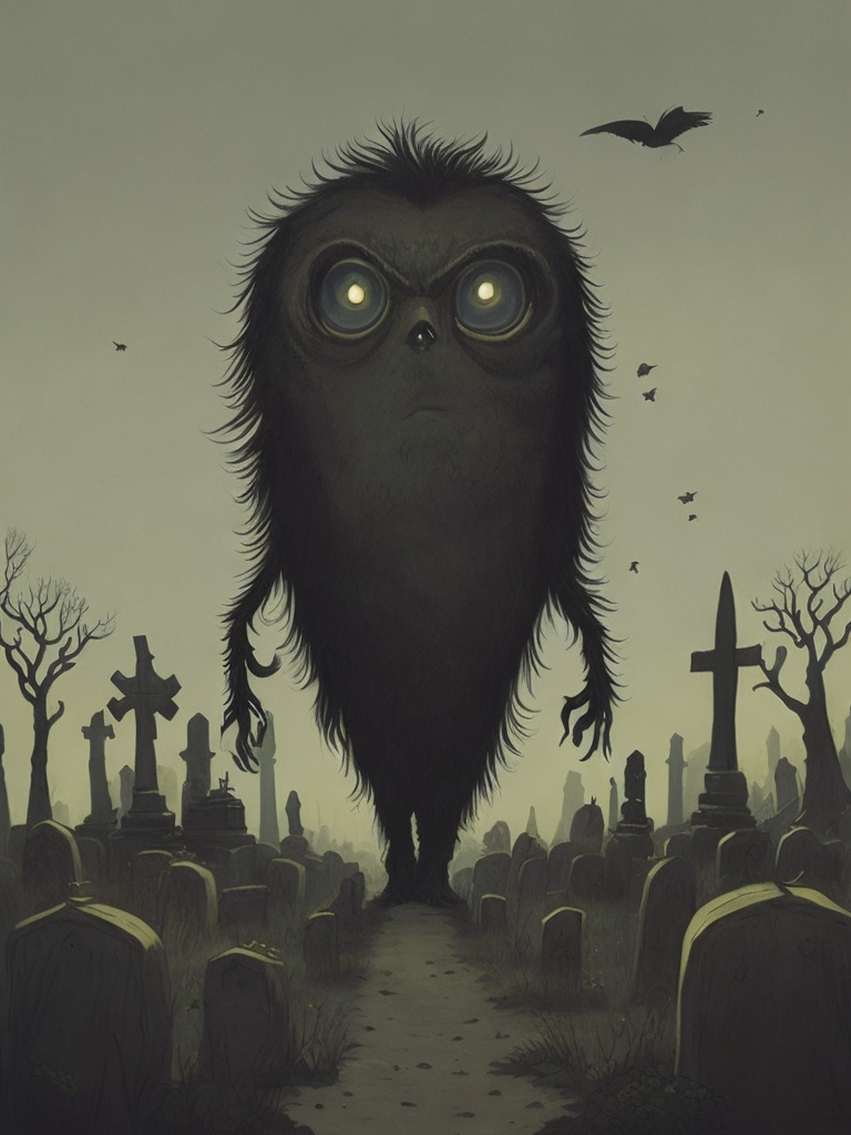 John Kenn Mortensen style ground level shot, incredibly detailed front shot painting of a cute whimsical monster in a graveyard,