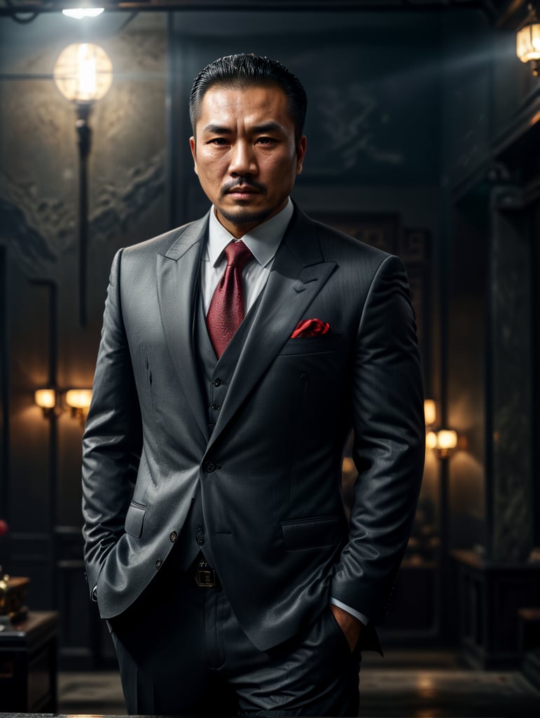 Portrait of a Chinese mafia boss in formal suit