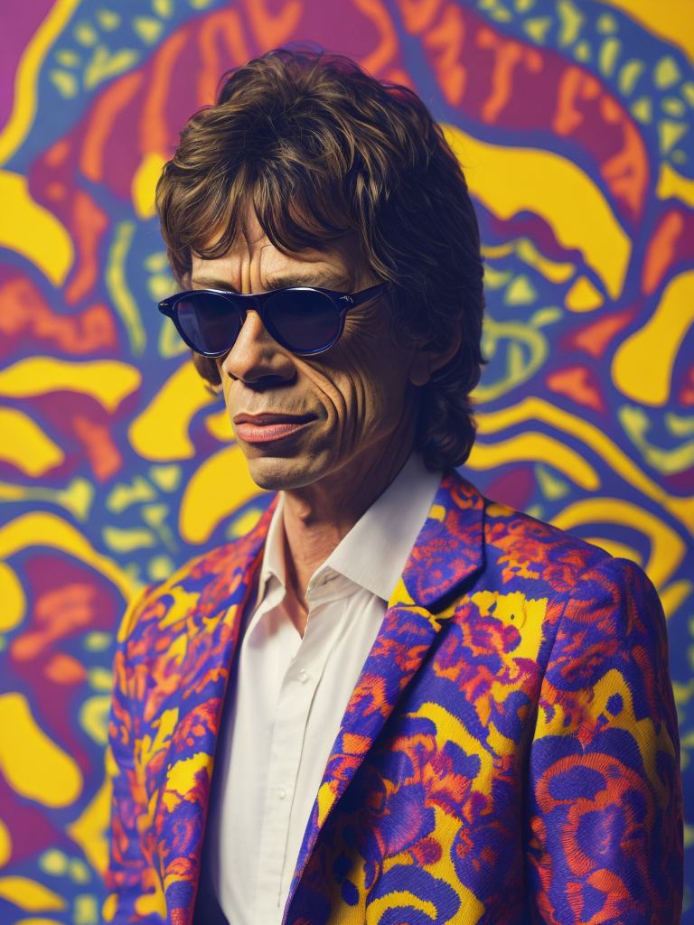 Mick Jagger wearing a brightly patterned jacket and wayfarer glasses, Vivid saturated colors, Contrast color