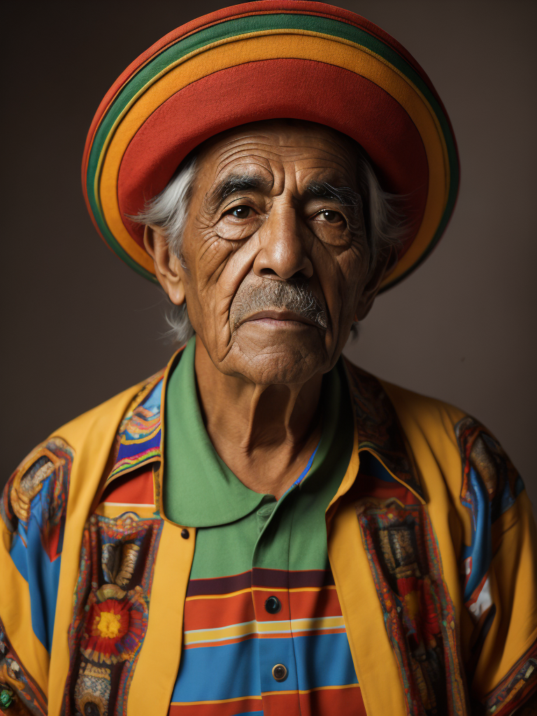 Portrait of a wrinkled colorful Mexican in a sambrero, an healthy man, a multi-colored shirt, a criminal, a bad face