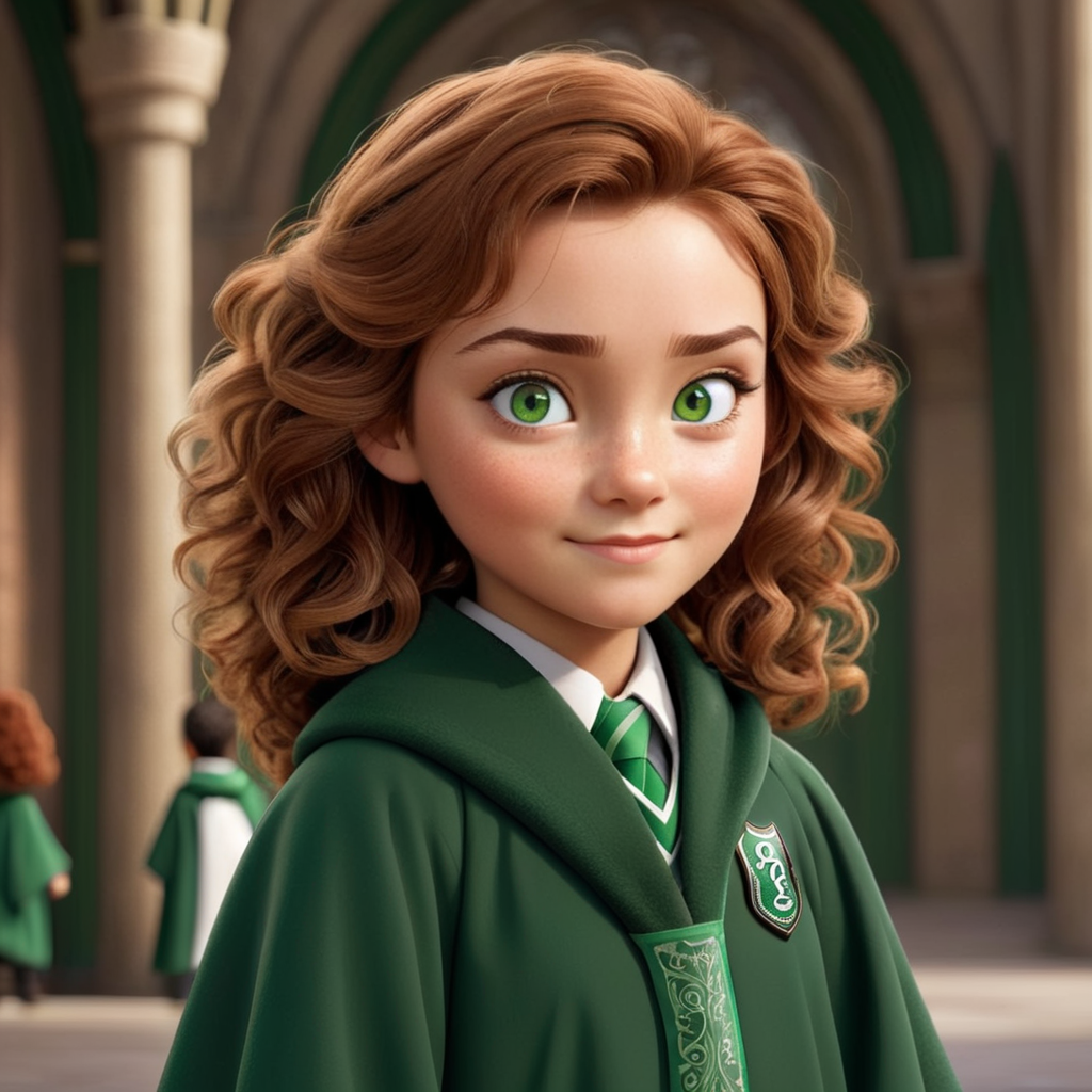a girl with green eyes, freckles and brown curly hair dressed in slytherin hogwarts robes