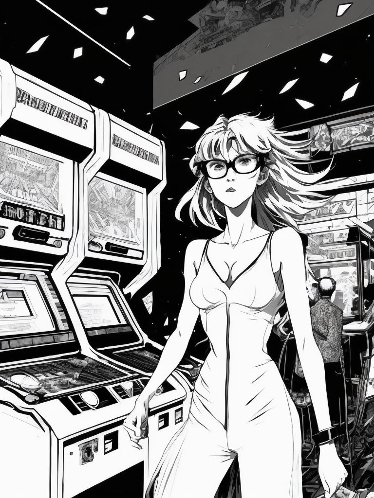 Vintage 90's anime style environmental wide shot of a chaotic arcade at a woman wearing glasses playing an arcade by hajime sorayama, greg tocchini, virgil finlay, sci-fi. line art. environmental arcade art.