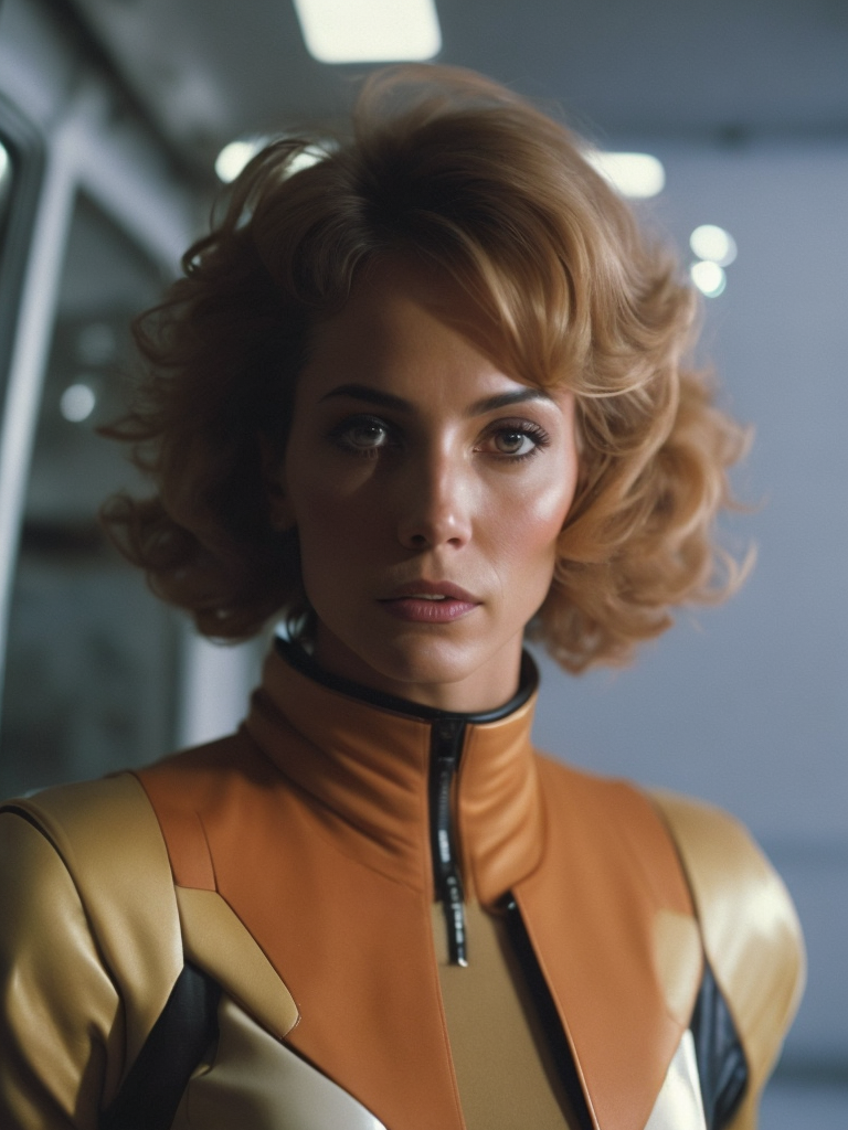 as a female cyborg, 70's sci fi, film grab, retrofuturistic, she's piloting a spaceship, 50mm, wide shot, fully body shot, Kodachrome, 1977, visible film grain