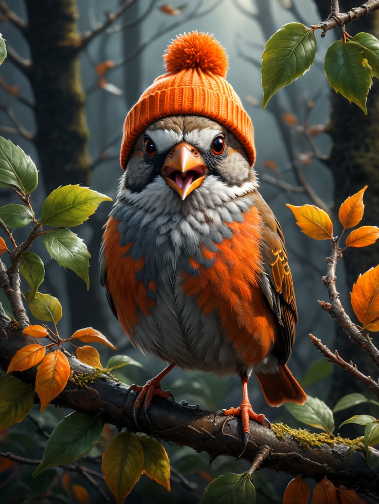 Singing sparrow wearing an orange beanie on a branch with two leaves
