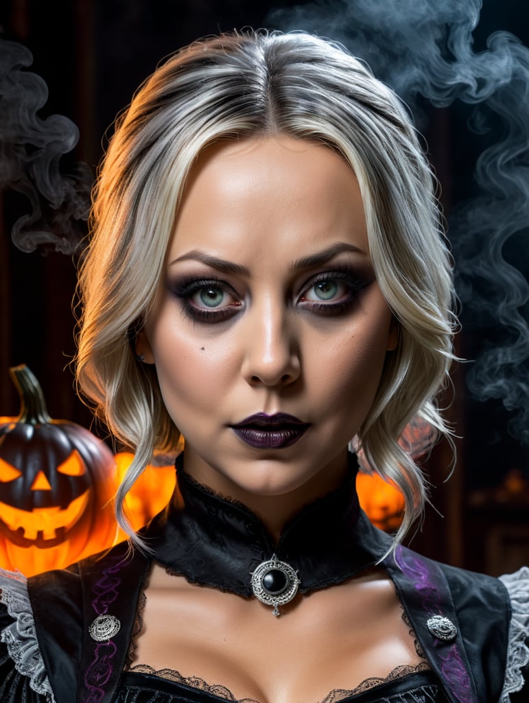 Photo of a hot and young Kaley Cuoco dressed as Wednesday from the Adams Family, halloween costume, grim atmosphere, smoke, Halloween, spookey, neon