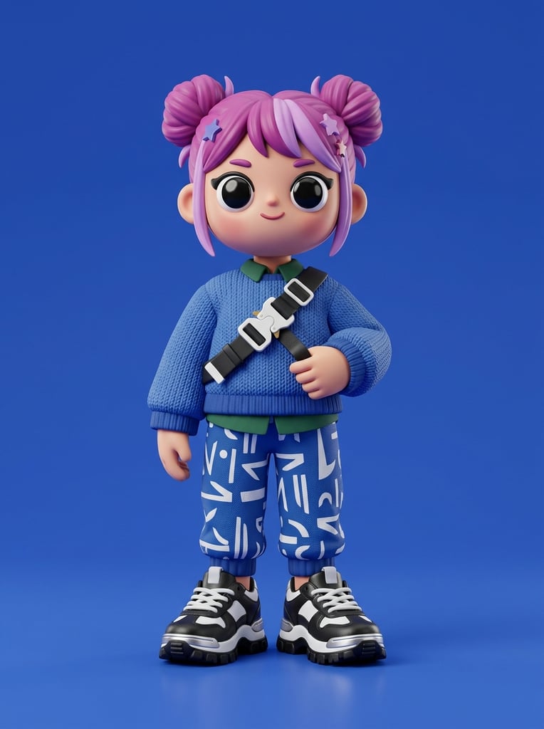 Stylized 3D toy character on a solid cobalt blue background. The figure features an oversized head, large black eyes, and pink-purple hair in twin buns. It wears a textured blue sweater, green shirt, patterned blue pants, and chunky black-and-white metallic-soled sneakers. A black crossbody strap with a white buckle crosses the chest. Smooth studio lighting highlights vibrant matte textures.