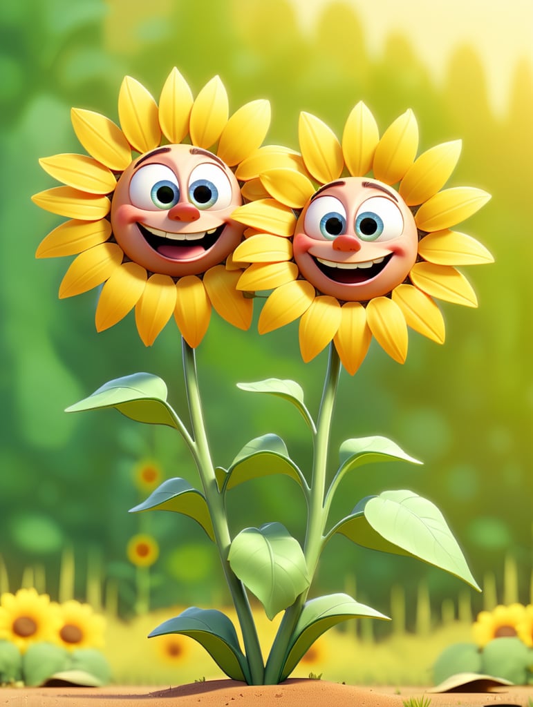 two sunflowers hold each other by the leaves. It should be a gentle picture against the background of a field, beige shades and sunny weather