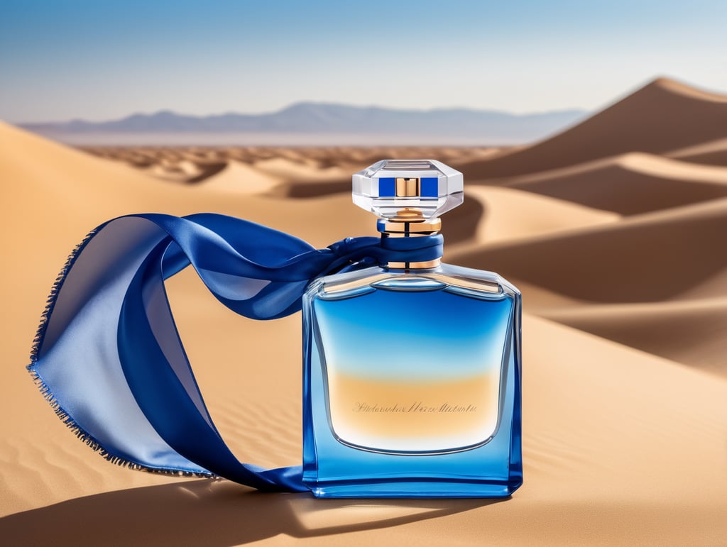 professional photography of a luxury perfume bottle in the desert, Blue satin scarf in the background, no label, clear, mockup