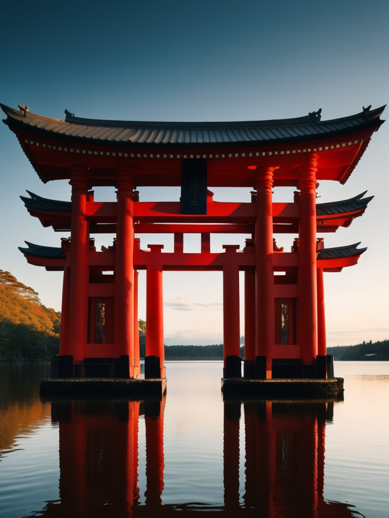 Red torii gate in middle of a lake, Dense forest on the edge of the lake, Bright and saturated colors, Japanese culture, photorealistic, contrast light