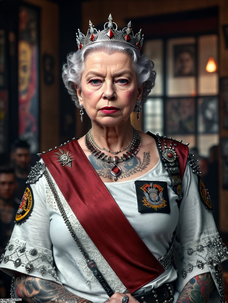 Queen Elizabeth as a punk rocker, full face, tattoos, piercing