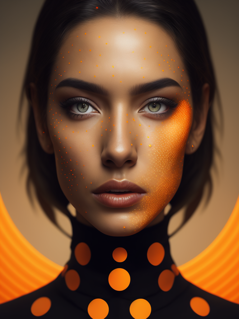 photo of a woman face with orange dot pattern, futuristic, photorealistic