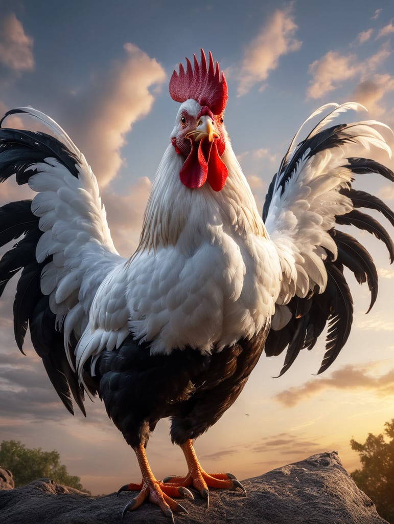 beautiful photorealistic rooster in white crowing in morning outside, beautiful morning sky