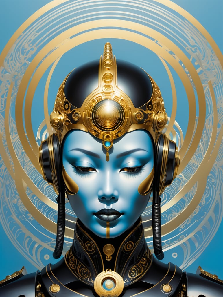 a black and gold illustration with abstract space rings and a cybernetic humanoid with a halo, in the style of yoshitoshi abe, light blue and gold, fluid lines and curves, otherworldly paintings, ritualistic masks, ultrafine detail