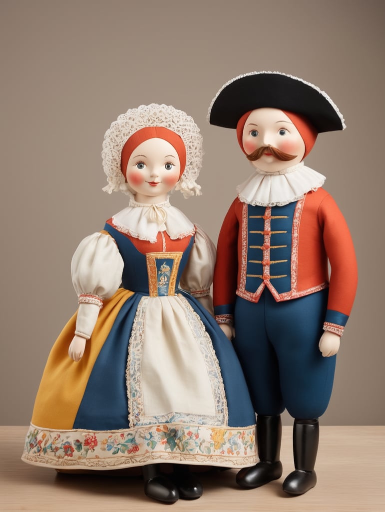 A pair of anthropomorphic dolls in the style of Dutch tradition, soft sculpture, historical subjects, Danish design, folklore theme, colorful caricature