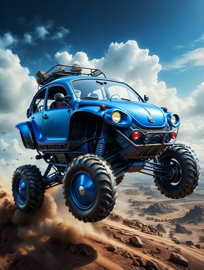 blue buggy car flying on the sky