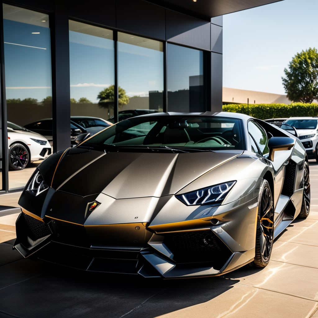 A beautiful lamborghini collorado standing out of the showroom, realistic sunlight, realistic day, photorealistic, 32k.