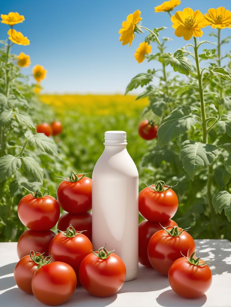 several red tomatoes stacked together forming a ketchup bottle with some leaves around it, beautiful tomato plantation in the background and a blue sky, short grass and yellow flower, creamy light, ambient lighting, beautiful colors