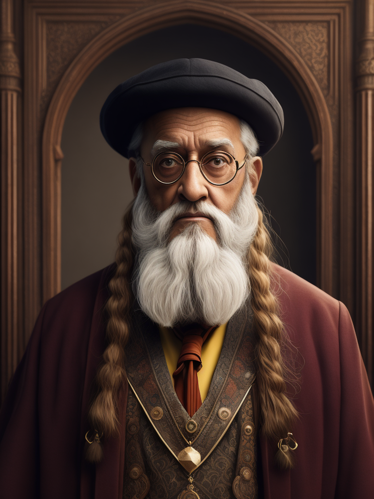Professor dumbledoor in a Bollywood outfit in a photo realistic styled illustration