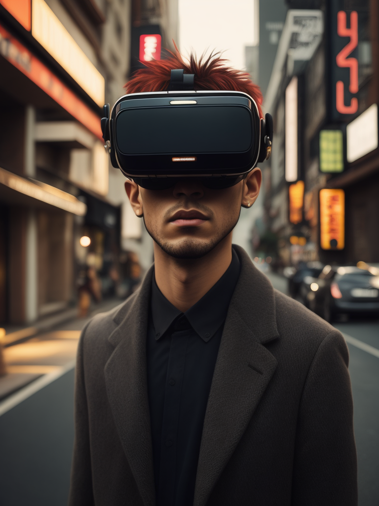 Vintage 90's anime style. a lonely men wearing a virtual reality headset walking in the street