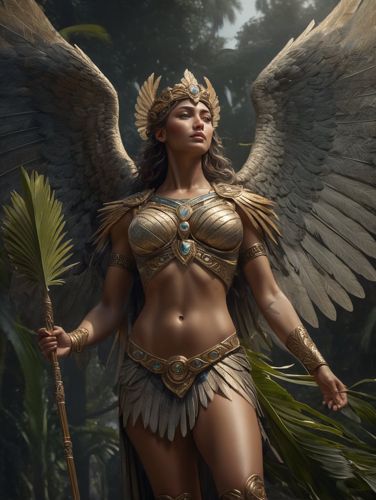 nike winged goddess holding a palm frond as a symbol of victory on her right arm